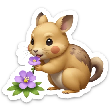 small round pika on all fours, turned at an angle, biting a small light purple flower in its mouth sticker
