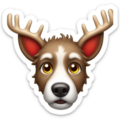 Brown scraggly dog with Christmas antler and red light up nose like Rudolph  the red nose reindeer  sticker
