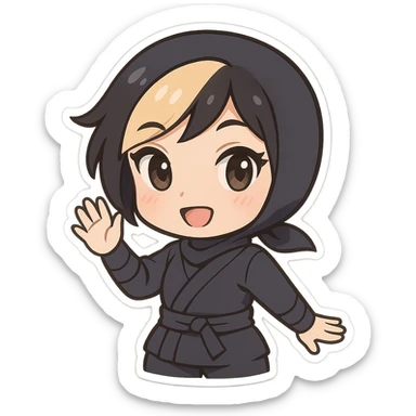 Chibi ninja girl with black short hair and a blonde streak, big head, small body and arms, not overly round or infant-like, cute and playful, anime-style face with large expressive eyes, small nose and mouth, subtle blush, hand fully raised, waving to the left, smiling, pastel colors, soft shading, clean outlines, no mask, transparent background, face looks sexy with slightly parted lips, confident gaze, longer lashes, subtle contouring, for animation frame 3 sticker