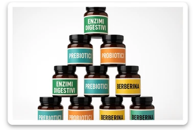 montagna di barattoli di integratori tipo "ENZIMI DIGESTIVI", "PREBIOTICI", "PROBIOTICI", "BERBERINA" con etichette in italiano sticker