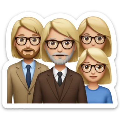 A man with hair and glasses and  a woman with long brown hair and a man with a beard and a woman with a blonde bob sticker