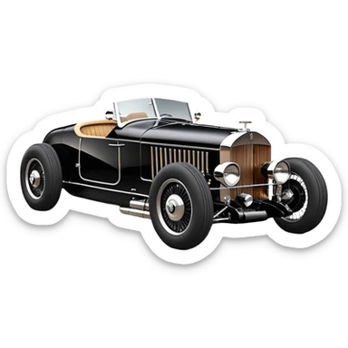Satanic Darth Vader black Bare bones (channeled cowl) drag racing and speed record modified (fenders removed) chopped streamlined sporty roadster that is a (stripped down) hot street rodded engine sports car 1932 Rolls Royce Woody futuristic  wide racing wheels sticker