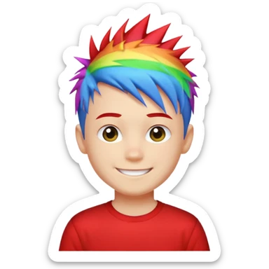 Boy with rainbow streaks — short spiky hair glowing under light, red T-shirt sticker