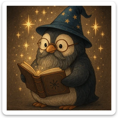 A chubby penguin wizard with glasses, a long beard, and a spellbook, surrounded by sparkles. sticker