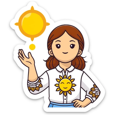 A young Ukrainian girl with brown hair wearing a white embroidered shirt holds the sun in her hands sticker