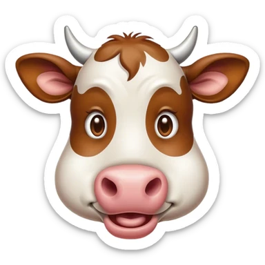 Cinematic Comical Brown and White Cow Portrait Emoji, Head tilted dramatically with an exaggeratedly amused expression, featuring a striking, glossy hide with a dynamic mix of brown and white, wide, expressive brown eyes filled with playful disbelief, Simplified yet hilariously expressive features, highly detailed, glowing with a slightly sassy glow, high shine, dramatic yet playful, stylized with an air of cheeky mischief, bright and endearing, soft glowing outline, capturing the essence of a spirited and over-the-top cow, so meme-worthy it feels like it could moo its way into internet fame instantly! sticker