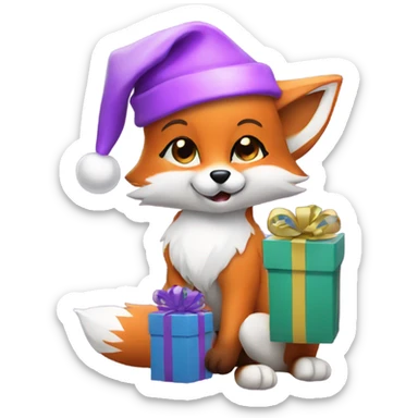 Baby fox wearing a purple Santa hat with gifts sticker