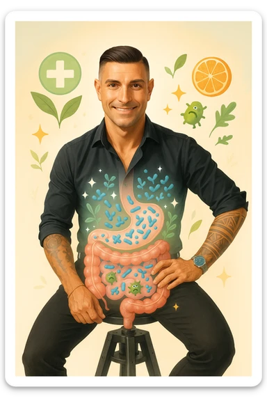 Verticale: uomo in posa sicura, illustrazione trasparente di intestino con parassiti che vengono eliminati e batteri buoni che si moltiplicano, atmosfera di equilibrio e benessere. sticker