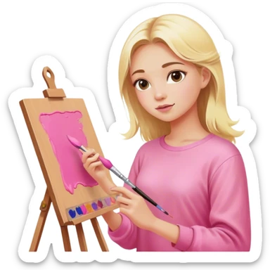 blonde girl in pink clothes paints with brushes on canvas artist sticker