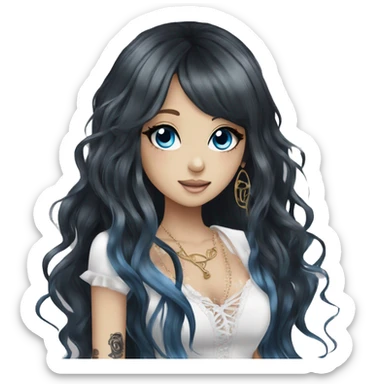 hime gyaru girl, tattoos, long black hair and blue eyes sticker