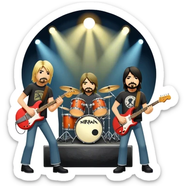 Icon for Rock Music: Nirvana performing on stage with Kurt Cobain on guitar and vocals, Krist Novoselic on bass, and Dave Grohl on drums. A grunge-inspired vibe with dynamic stage lighting and musical energy. Transparent background. sticker