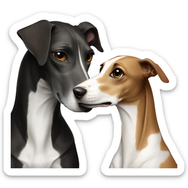 Two aristocrat dog black and white galgo kiss with women with brown hair  sticker