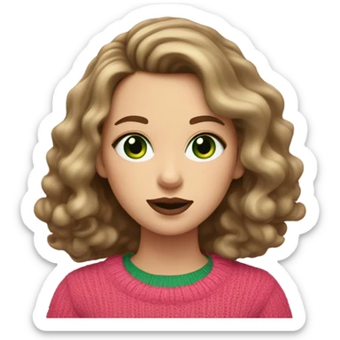 White girl with brown long curled hair and green eyes and a pink sweater with big red lips  sticker