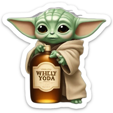 baby Yoda holding up a bottle of whiskey sticker