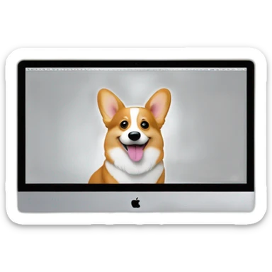 corgi sits behind apple-imac monitor sticker