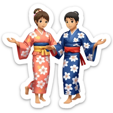 Cinematic Realistic scene of two performers engaging in Bon Odori, dressed in traditional yukata with intricate summer patterns, captured in graceful, rhythmic motion with warm, festive lighting sticker