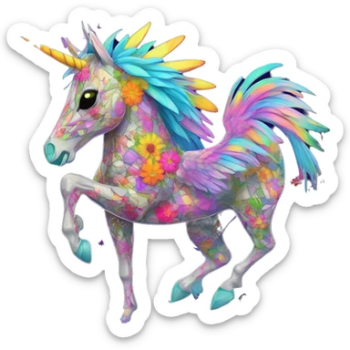 Trippy patchwork Zombie Pegasus unicorn psychedelic flowers floral groovy art neon rave raving sticker