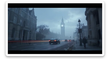 Cinematic shot of a london street, cloudy foggy day, soft light, car flying, leading lines to big ben in distance, multi composition, in foreground blurred car, on second street around UK bulding, od another plan in distance big ben, birds flying, artistic look, captured on arri alexa 35, blue hour sticker