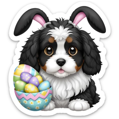black and white cavoodle with easter bunny ears and easter eggs sticker