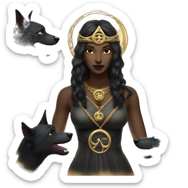 Hekate goddess of the night and magic- triple goddess black hair and two black dogs sticker