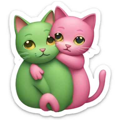a pink and a green cat hugging sticker