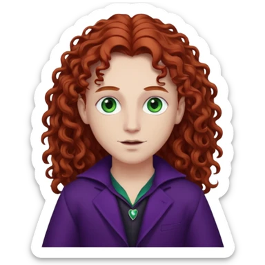 Armand with white skin, green eyes , long auburn curly hair, dark purple outfit sticker