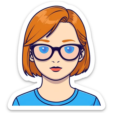 woman with pale skin, ginger straight hair, black glasses, blue eyes sticker
