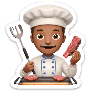 A 3D cartoon cook flipping meat on a grill with tongs, gentle smoke effect, Memoji-style lighting. sticker