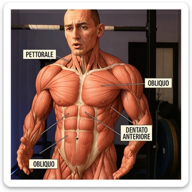 Highlight the muscle fibers of the man's body in the reference photo in a realistic anatomical style, maintaining the original pose and expression. Add labels in Italian for the abdomen and chest muscles: retto dell'addome, obliquo, pettorale, dentato anteriore. sticker