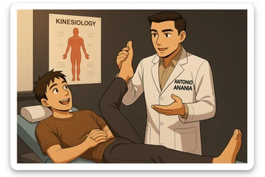 su questo lettino rappresenta un webtoon manga a colori con questo stile, in cui un uomo è steso sul lettino medico e il kinesiologo con il camice bianco (fagli anche la scritta "ANTONIO ANANIA" SUL CAMICE, gli solleva una gamba per fargli il test neuromuscolare, IL KINESIOLOGO SPIEGA ALL'UOMO UNA cosa mentre gli alza la gamba. l'espressione dell'uomo è felice e soddisfatta, non fare i fumetti però, fai solo in modo che sembri stiano parlando sticker