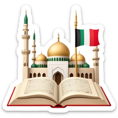 An icon featuring the mosque and the flag of United Arab Emirates, symbolizing the Arabic language. The design includes an open book with Arabic script and calligraphy, representing language learning and cultural heritage. Transparent background sticker