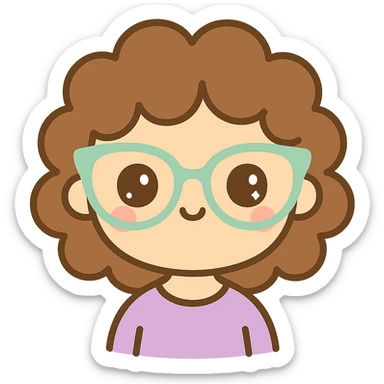 character with brown curly hair, doe eyes, white skin, cat eye glasses sticker