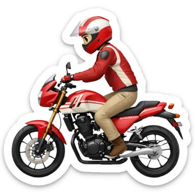 Red and white 2015 Honda CB500F with rider tucked sticker