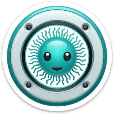 Emoji-style icon showing a virus or germ being scanned by an AI vision frame or camera lens, representing image-based disease detection. Clean, modern, rounded emoji design, clear at small sizes, teal and white accents, no text, transparent background. sticker