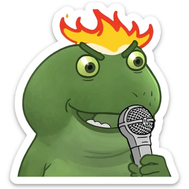 meme character with dank and skibidi energy, holding a microphone, fire effects, wearing a gold chain, cartoonish bold high-energy meme-inspired style sticker