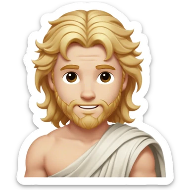 Cinematic Realistic Thor Portrait, head tilted playfully and inquisitively, showcasing his classical Greek god allure with a relaxed, yet commanding presence. His fair, radiant skin and flowing, wavy golden hair are highlighted by a gentle smile and twinkling, approachable eyes. Clad in a gracefully draped white toga with subtle golden embellishments, he exudes a lighthearted yet powerful charm under soft, natural lighting. sticker
