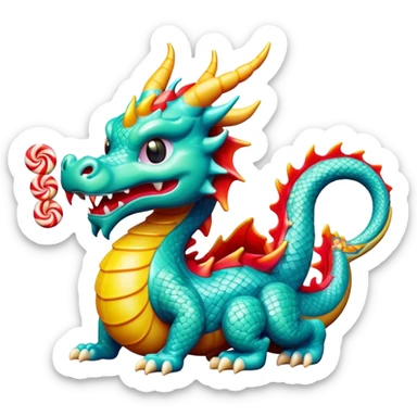 Beijing sugar-blown animal figurines traditional craft candy, simplified emoji style with bold outlines and bright colors, cartoon style dragon shaped sugar art sticker
