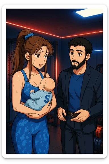 ispirati a questo stile di disegno e fai questa immagine in versione manga/webtoon a colori, il manga mostra la donna preoccupata con un neonato in braccio con una tutina azzurra e la scritta "S" sulla schiena, la donna gli sta facendo una domanda all'uomo, ma non fare i fumetti, fai come se stessero parlando sticker