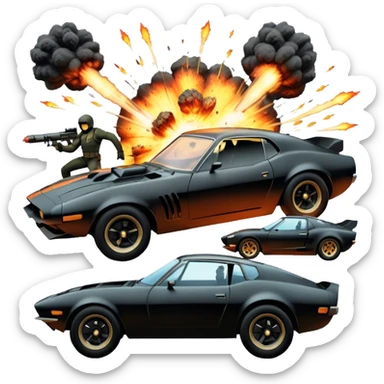 Photorealistic Icon for Action Movies: Dynamic collage of iconic action movie scenes featuring explosions, fast cars, combat, and weapons. Include silhouettes of famous action heroes, dramatic lighting, and a sense of high-octane energy. Transparent background. sticker