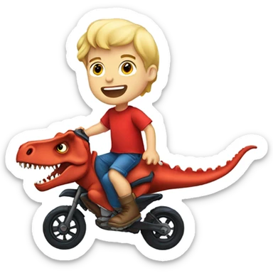 Blonde haired boy with blue eyes wearing a red shirt and riding a T-Rex sticker