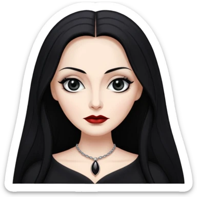 Create a realistic portrait of Morticia Addams with long black hair, elegant black dress & sharp gaze. sticker