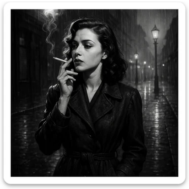 a girl smoking, noir style, rain-soaked street, 1940s atmosphere, expressive shadows sticker