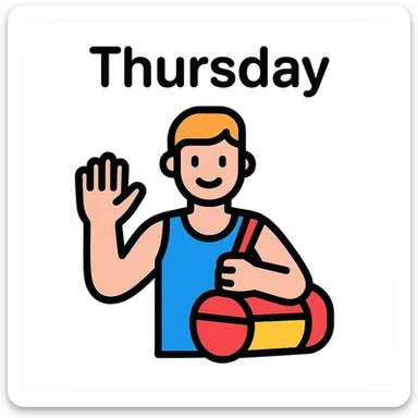 a sportsman holding his gymbag waving his hand goodbye. The word Thursday is above the sportsman sticker