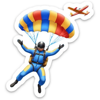 A skydiver free-falling through the sky, with a brightly colored parachute open above them. The background features a vast blue sky dotted with fluffy clouds, birds soaring nearby, and a plane flying off in the distance, emphasizing the thrill and freedom of the sport. sticker