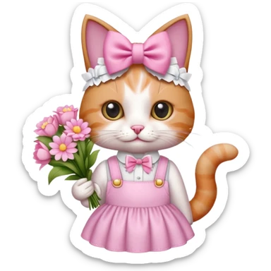 گربه‌ای که دستش یه دسته گل صورتی سفید باشه رو سرش پاپیون باشه و لباس صورتی سفید تنش باشه حالت بیلر داشته باشه و یه کادر کوچیک که نشونه فکر بالا سرش باشه sticker