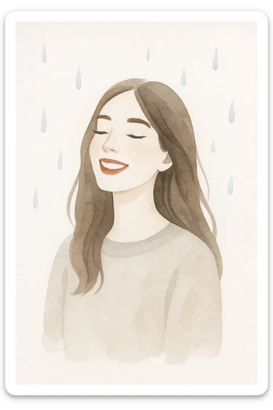 white woman with long brown hair and brown eyes, wearing a sweater, smiling in the rain, with long eyelashes and red lips, in a soft watercolor style sticker
