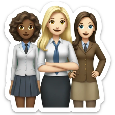 three girls dressed as teachers standing in front of a school board, two of them are brunettes and fair-skinned, one of them is blonde and fair-skinned with blue eyes sticker