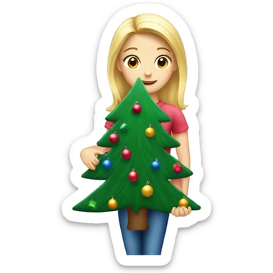 Blond Girl decorating a Christmas tree sticker
