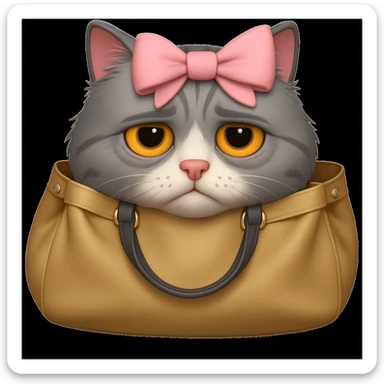 Add a light pink bow to the cat with bags under its eyes, keeping the original style of the image. sticker