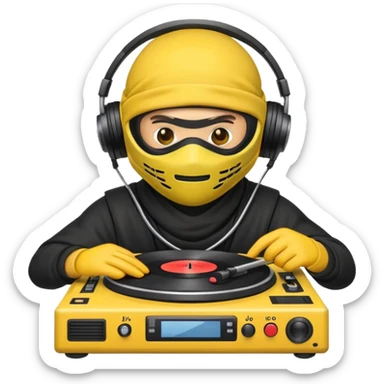 Make a customized yellow head emoji with hands and holding a dj turn table  in a  ninja face mask sticker